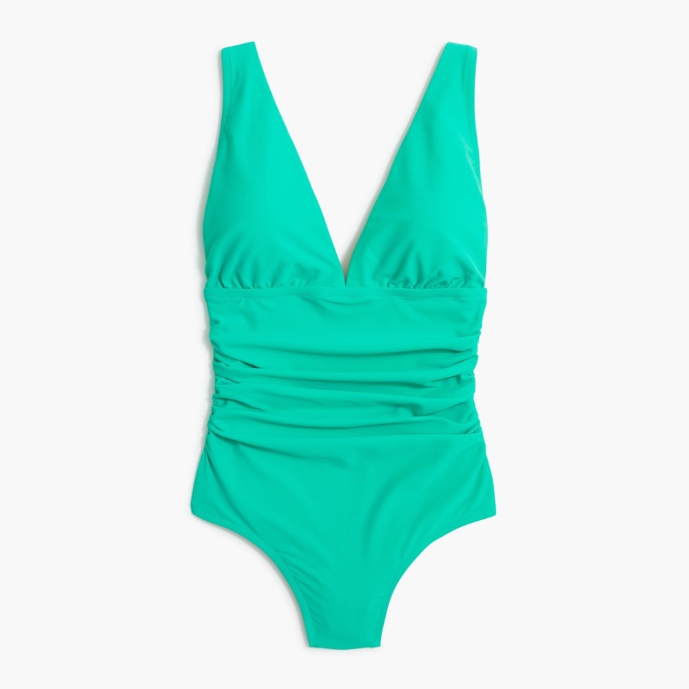 J Crew Factory Outlet V-neck ruched one-piece swimsuit BH713 Chrome Green • XXS
